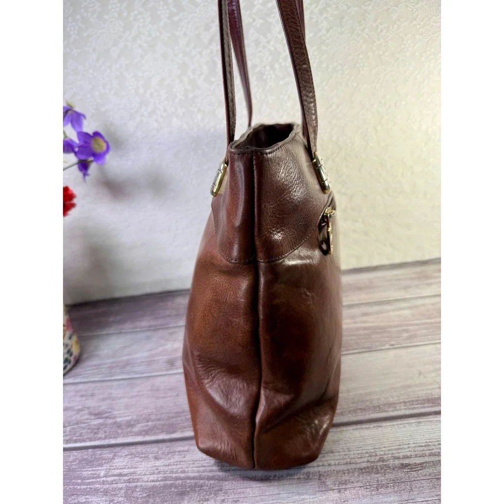 Marino Orlandi Brown Cognac Leather Floral Embossed Tote Bag Italy Shoulder Bag